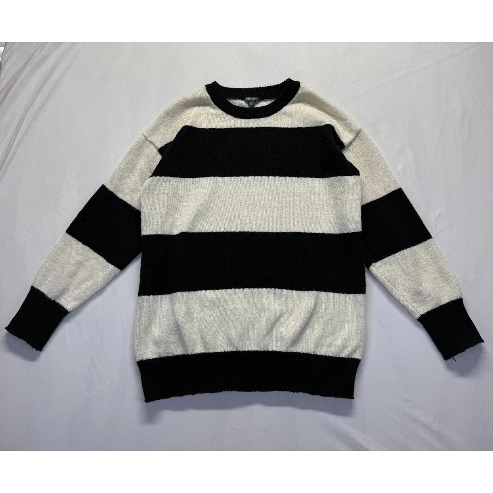 Wild Fable Sweater Women Medium Cream Black Horizontal Striped Tight Knit Ribbed